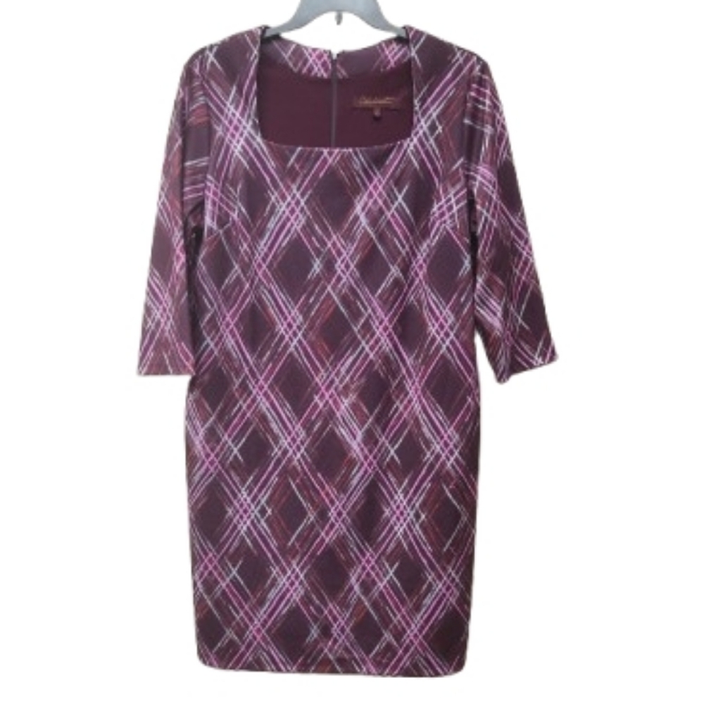 Hal Rubenstein Plus Purple Plaid Sheath Dress 3/4 Sleeves Square Neck